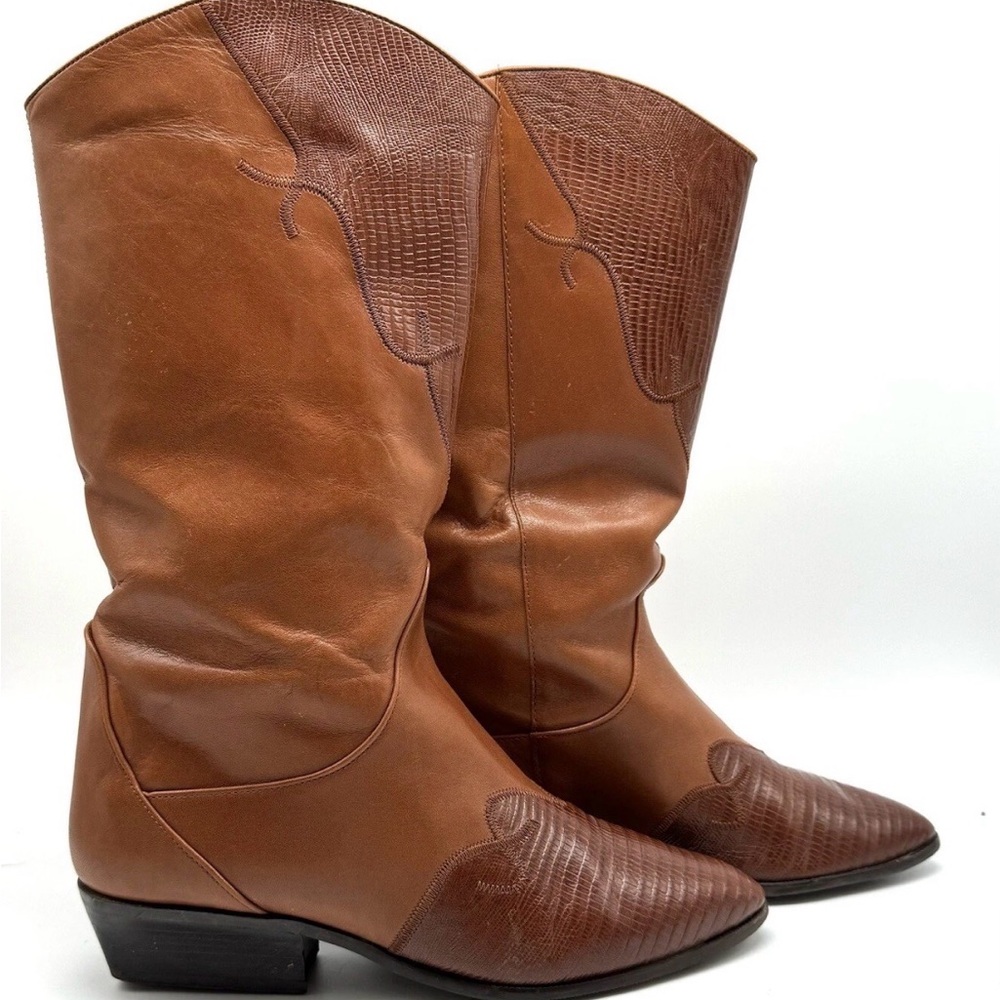 Nine West Brown Leather Western Boots Sz 9 Snakeskin Embossed Mid Calf - Picture 4 of 7